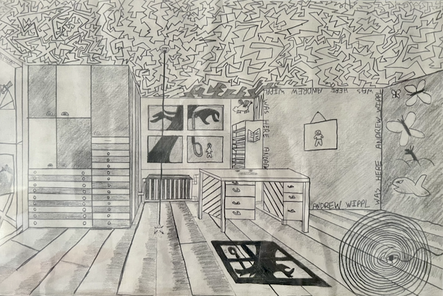 Pencil drawing of an interior scene Andrew made as a child