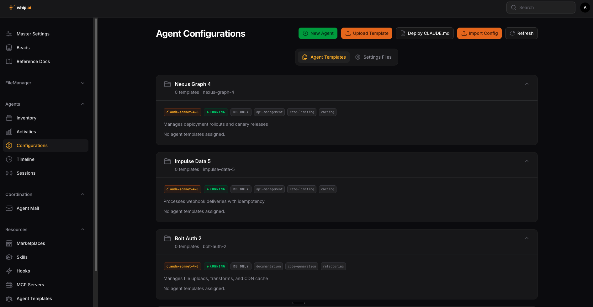 Screenshot of the agent configurations list