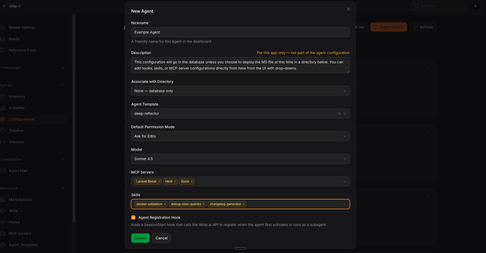 Screenshot of creating a new agent configuration