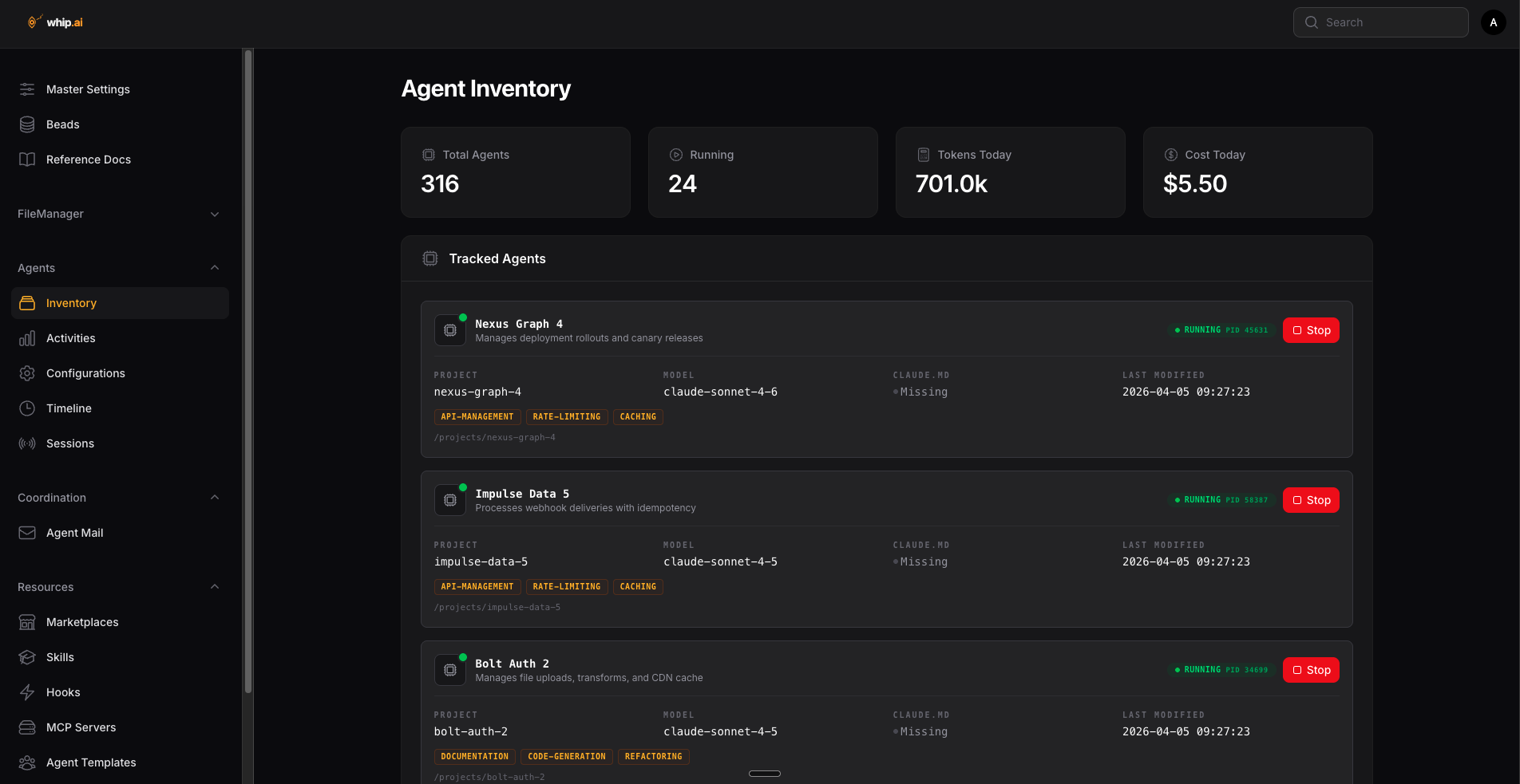 Screenshot of the agent inventory view