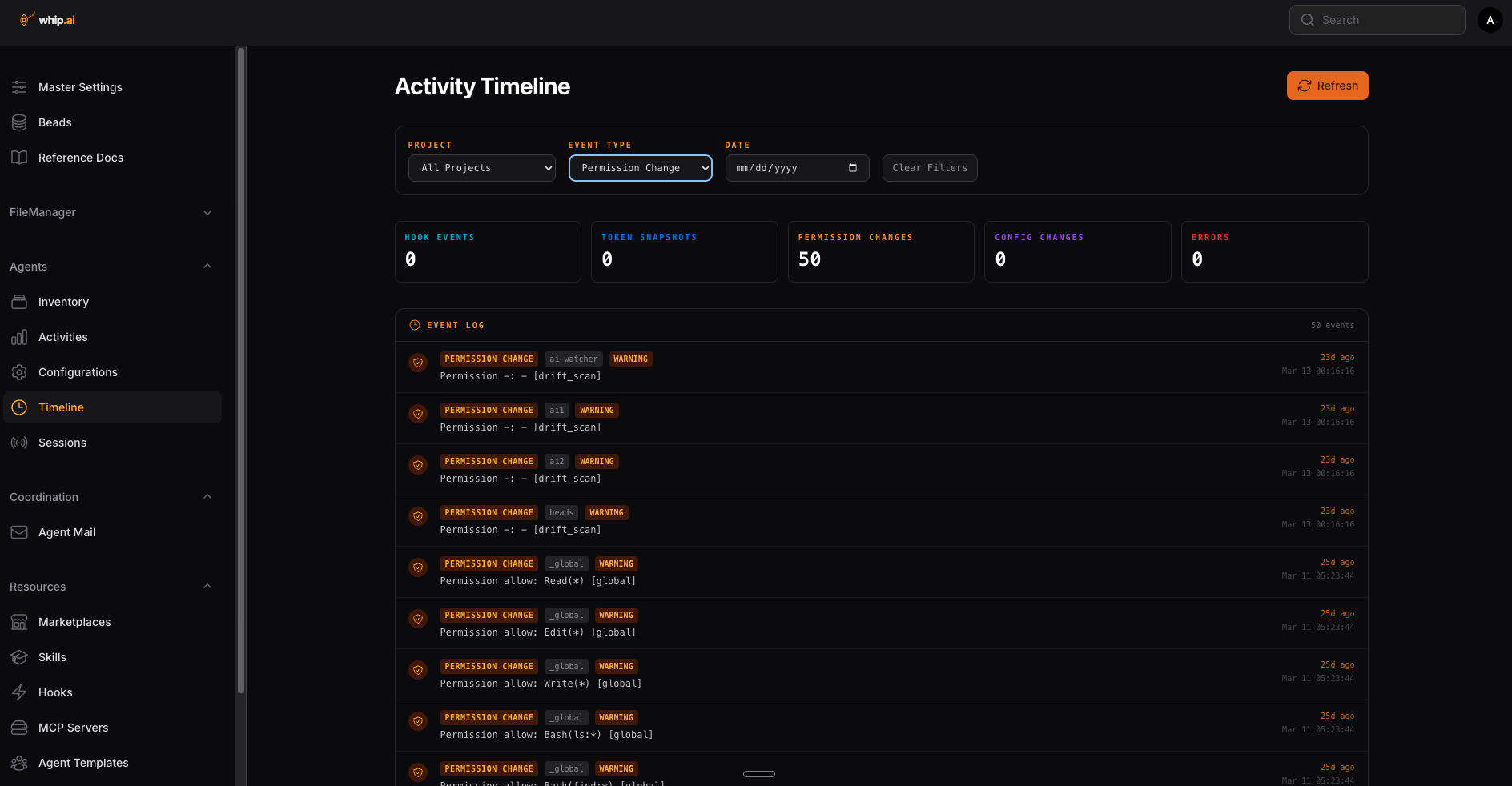 Screenshot of the agent timeline view