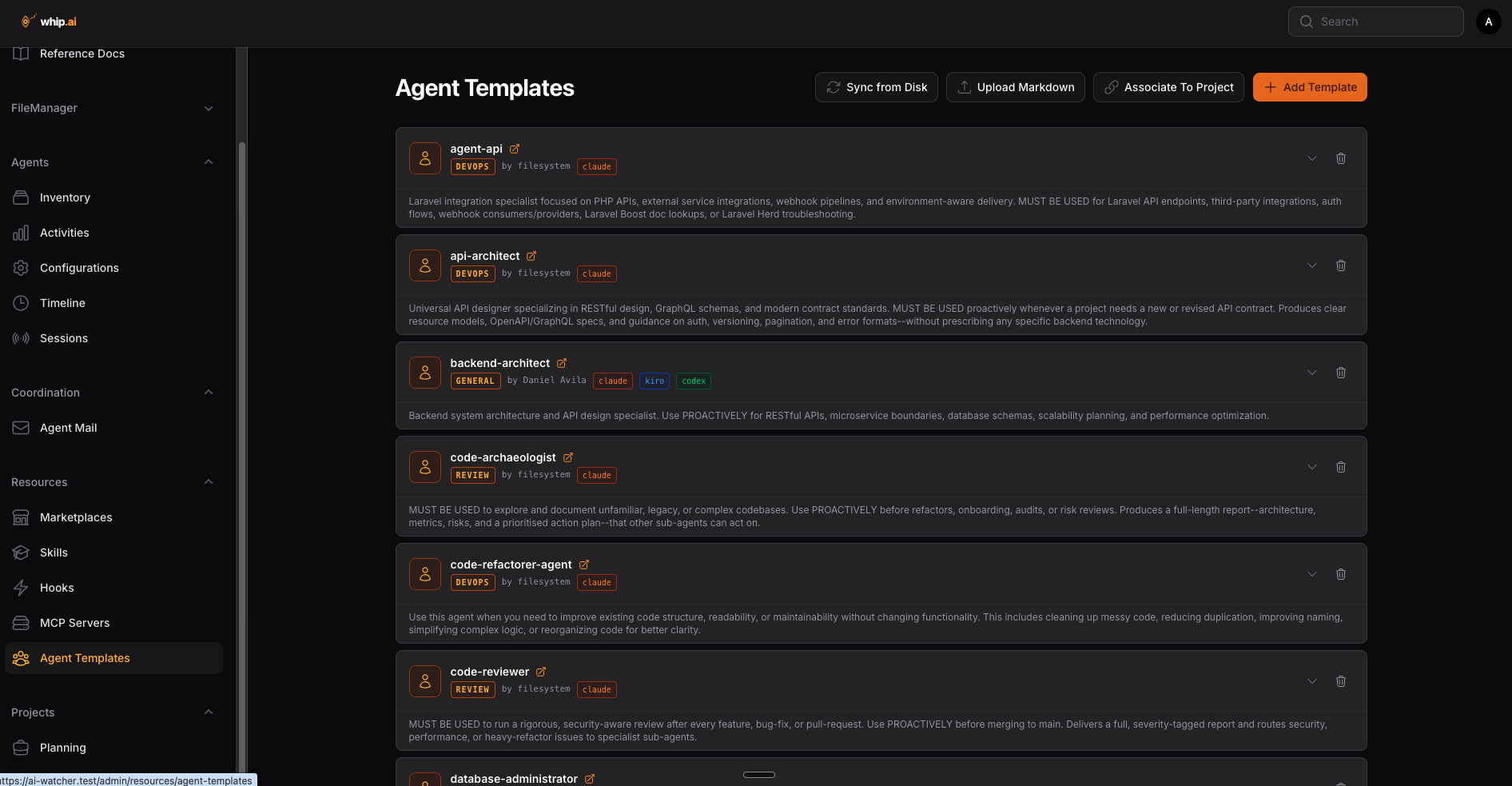 Screenshot of the agent templates library