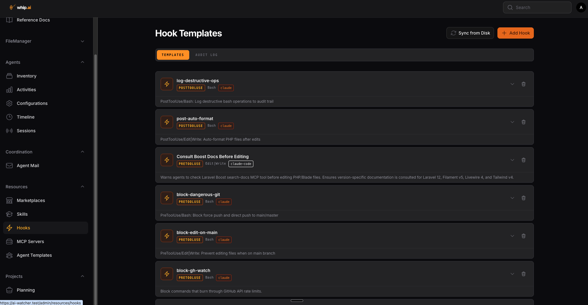 Screenshot of the hooks registry