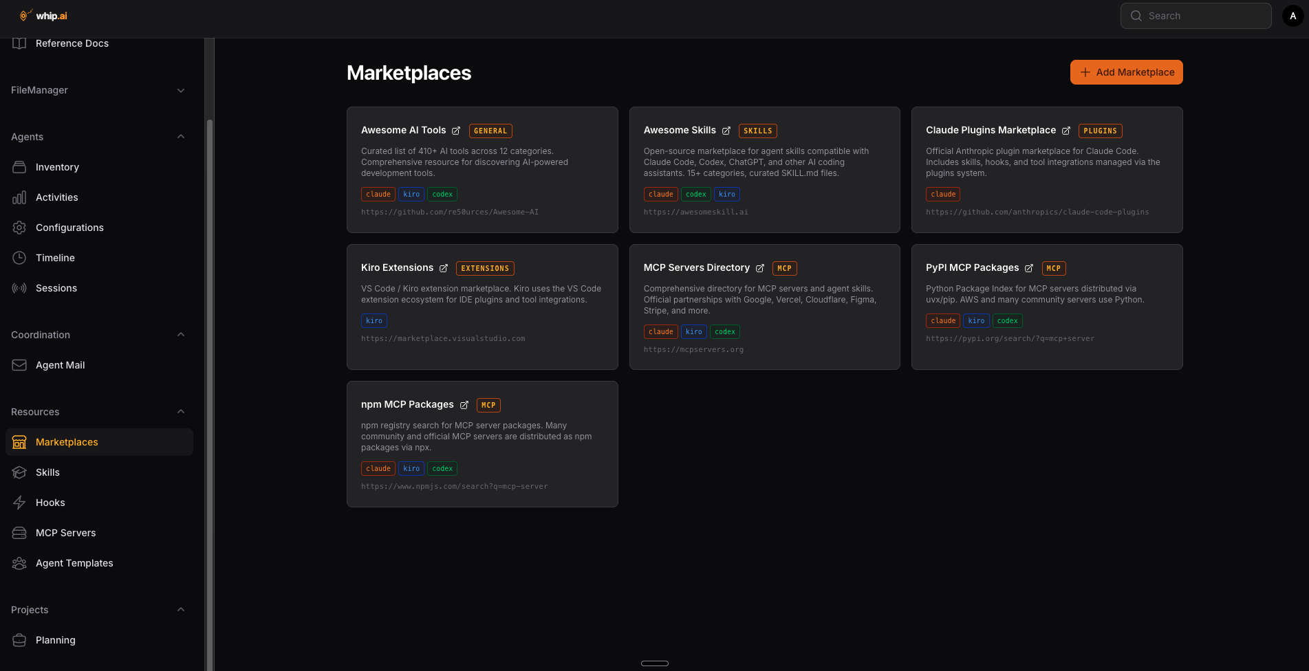 Screenshot of the marketplaces browser